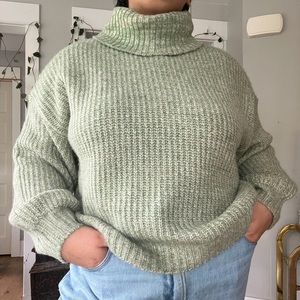 sage green Mélange Shaker-Stitch oversized slouchy turtleneck sweater
